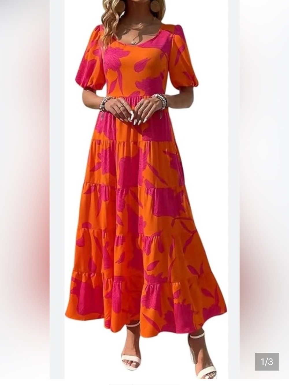 Fashion Bug Orange & Pink Floral Tiered Maxi Dress with Puff Sleeves